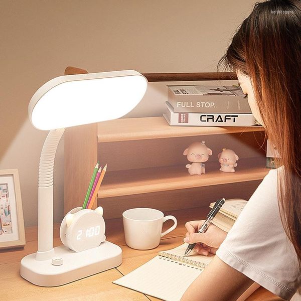 Lámparas de mesa, lámpara LED de lectura para escritorio, atenuación continua, luz recargable por USB, interruptor tricolor, mesita de noche con reloj, portalápices, luces nocturnas