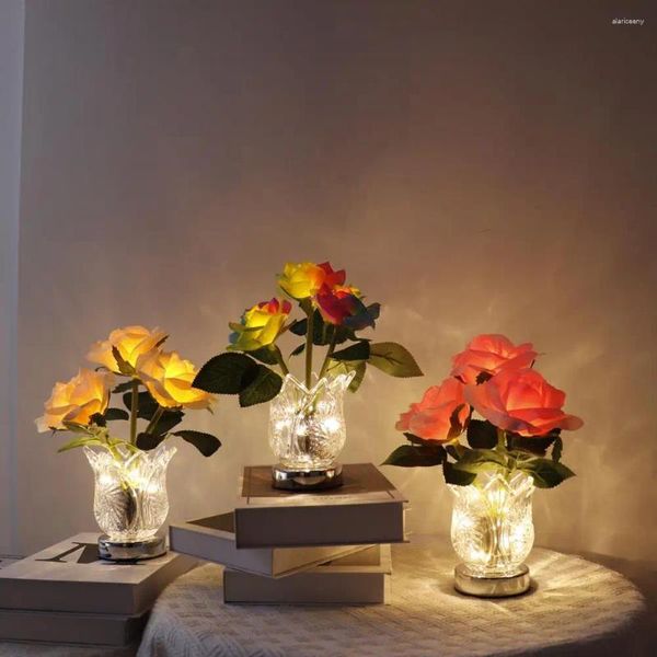 Lampes de table LED Simulation Rose Night Light Gradation en continu Lampe rechargeable Ornements pour la décoration intérieure