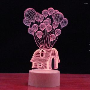 Tafellampen LED klein nachtlampje met houten graan vaste basis 3D touch Remote Regel USB 16 kleur liefdespatroon ballon huisverlichting
