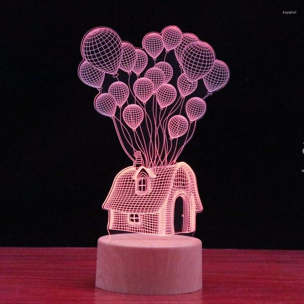 Lampes de table LED petite veilleuse avec grain de bois base solide télécommande tactile 3D USB 16 couleurs motif d'amour ballon maison éclairage