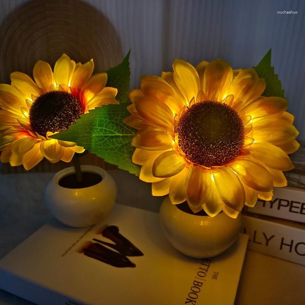 Lámparas de mesa LED Girasol Lámpara de tulipán Luz de noche Decoración Maceta artificial Atmósfera Mesita de noche para regalo Paisaje