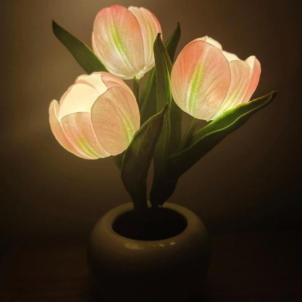 Lampes de table LED Tulip Flowerpot Lampe Rose Chambre Décor Simulation Céramique Atmosphère Veilleuse Décorative À La Maison OrnementsTable210l