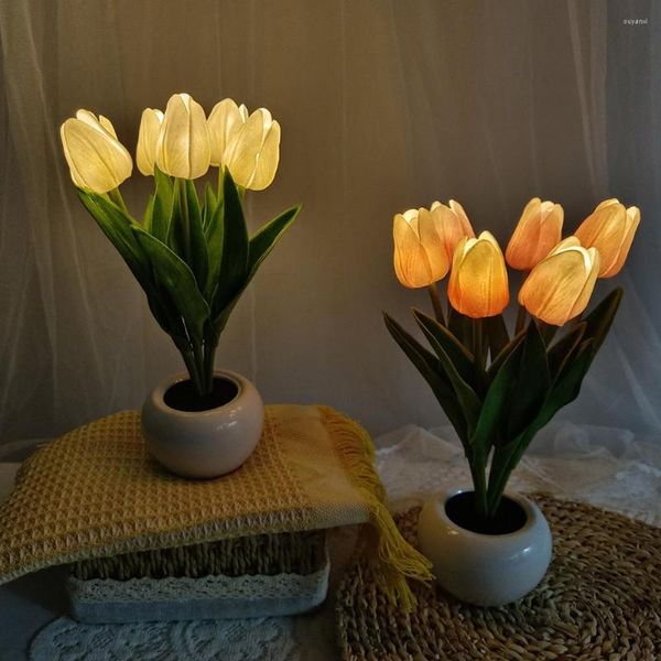 Lampes de table LED tulipe lampe Simulation fleur liseuse pot de fleurs chevet Dimmable nuit pour mariage café décor à la maison