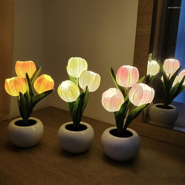 Lámparas de mesa LED Tulipán Luz nocturna Flores artificiales Decoración interior Lámpara Simulación Atmósfera Ramo