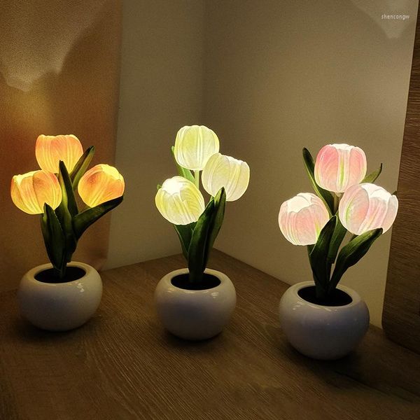 Lampes de table LED Tulip Night Light Simulation Fleur Lampe Décoration De La Maison Atmosphère Plantes En Pot Lumières Cadeau Pour Bureau Salle Bar Café