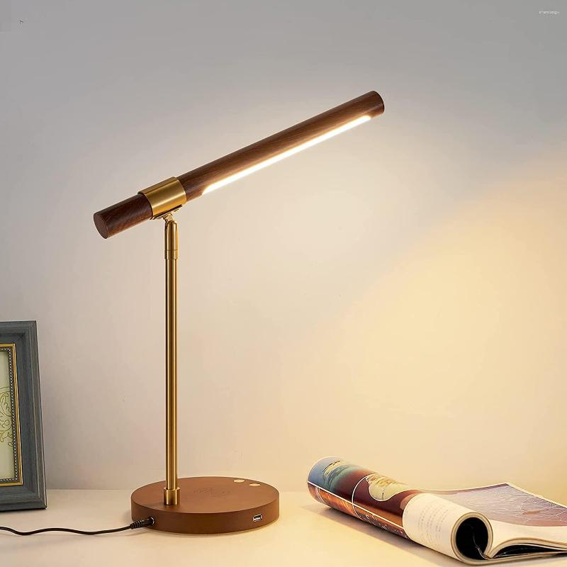 Lámparas de mesa Madera LED con cargador inalámbrico para la oficina domiciliaria Puerto de carga USB Luz de control táctil Ajustab