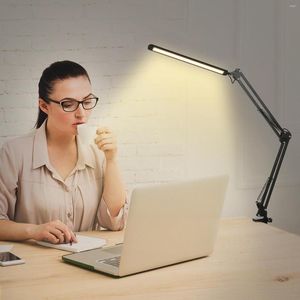 Lampes de table Lampe de bureau à LED avec pince Lampe de lecture à intensité variable 3 modes de couleur 10 niveaux de luminosité Fonction de mémoire 1 min Swing
