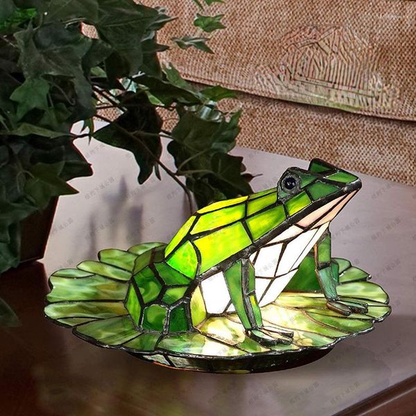 Lampes de Table Lotus Pond Grenouille Verte Couleur Tiffany Verre Décoration Traditionnelle Américaine Lampe