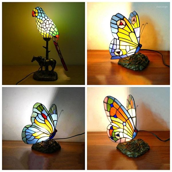 Lámparas de mesa estilo mediterráneo mariposa loro luz nocturna dormitorio iluminación de noche vidrieras LED lámpara turca