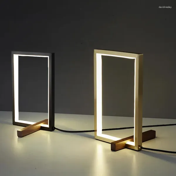 Lampes de table Minimaliste Rectangle LED Lampe Cuivre Métal Bois Chevet El Chambre Salon Bureau Lumière Or Corps Noir