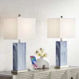 Lampes de table modernes 25 "de haut de 2 avec ports de charge USB Blue Faux Marble White Rectangulaire Shade For Bedroom Living Room