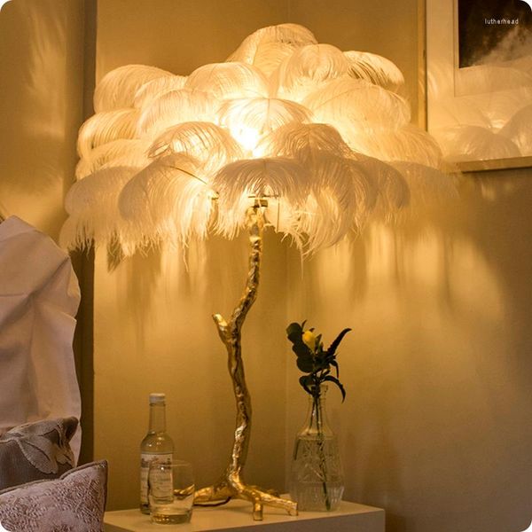 Lampes de table moderne créatif plume d'autruche pleine cuivre laiton résine trépied lampe de bureau salon chambre chevet LED décor à la maison LampsTable