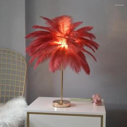 Lámparas de mesa Lámpara de árbol de plumas nórdicas modernas Avestruz Rosa Blanco Mesita de noche Romántica para boda