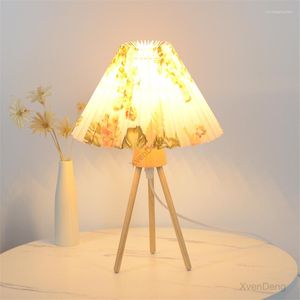Lampes de table moderne plissé trépied bois plis tissu lampe de bureau chambre chevet salon veilleuse support éclairage décor à la maison