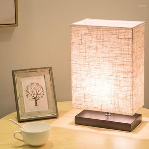 Lampes de table moderne simple lampe rectangulaire base en bois chambre chevet LED étude japonaise lin abat-jour WJ11