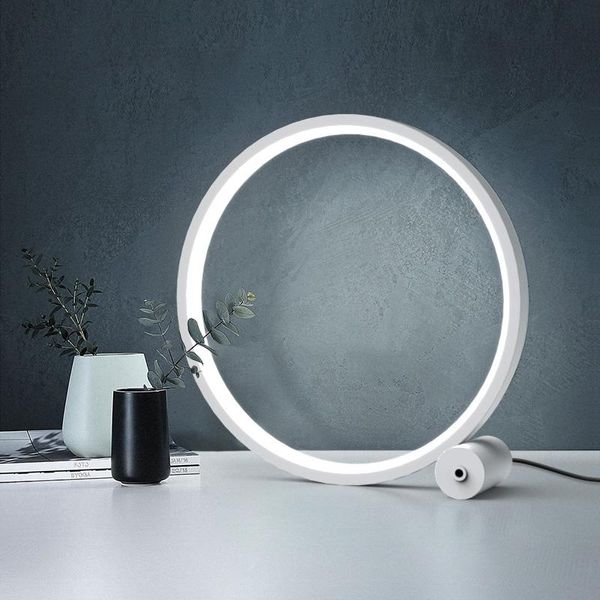 Lámparas de mesa Lámpara de escritorio de anillo simple moderno Luces LED inteligentes para habitación Dormitorio Estudio de cabecera Oficina Decoración para el hogar Iluminación Luz de espejo de hierro