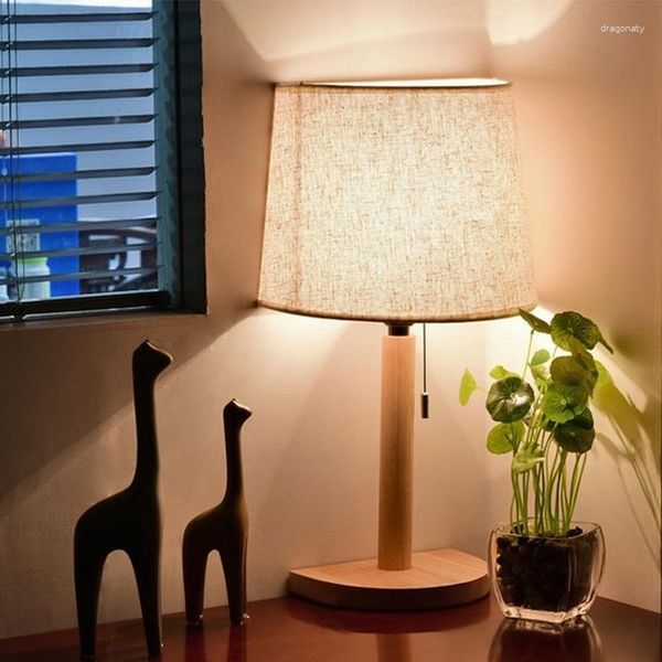 Lámparas de mesa modernas simples de madera maciza dormitorio lámpara de noche decoración artesanía sala de estudio LED tela regalo