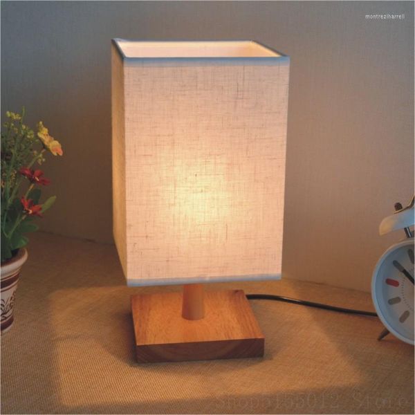 Lampes de table moderne en bois LED chambre lampe de chevet tissu abat-jour lumière Simple éclairage décoration de la maison bois Luminaire