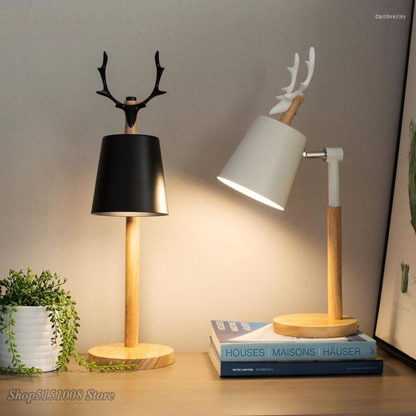 Lampes de table nordique LED avec abat-jour en métal pour chambre à coucher lampes de bureau de chevet blanches lecture noire luminaires en bois Luminaria