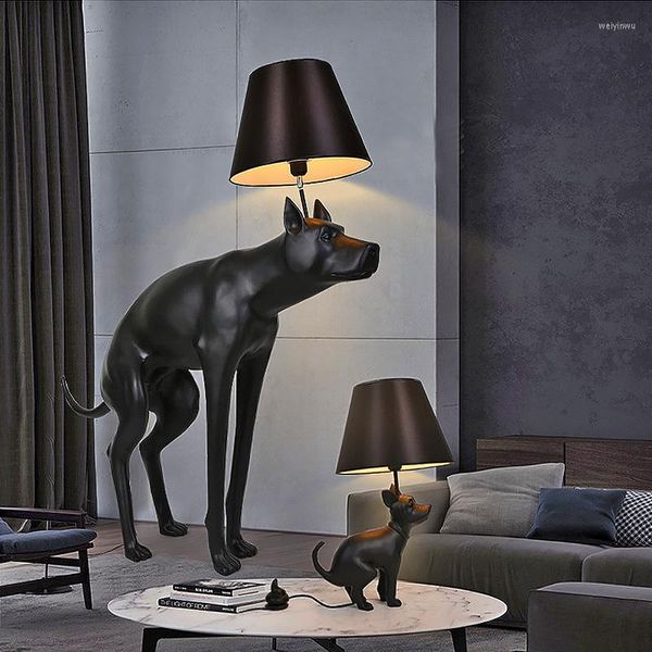 Lampes de table Résine nordique Grand petit chien noir Lampe de sol Tissu Abat-jour Salon Chambre Étude Art Animal Décor Lumière