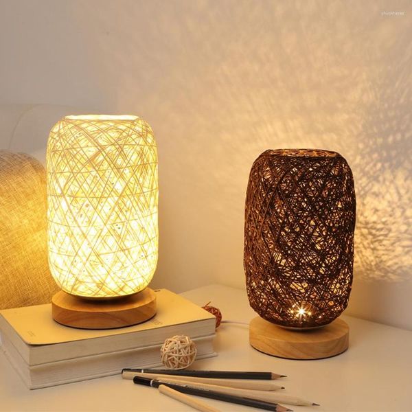 Lampes de table Lampe LED en bois nordique Lanterne Rotin Chambre Bureau de chevet Blanc chaud Salon Décoration Éclairage intérieur