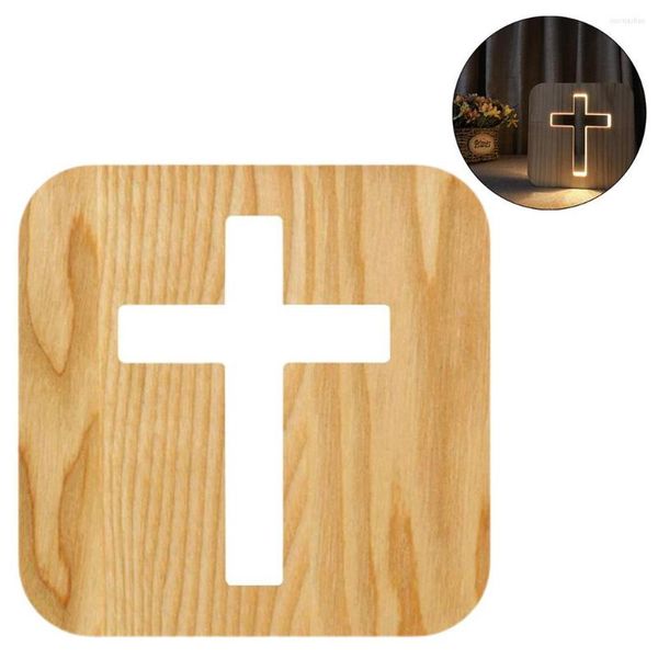 Lámparas de mesa novedad lámpara de noche de madera en forma de cruz con patrón de tallado alimentado por USB ilusión 3D Simple para niños decoración del hogar