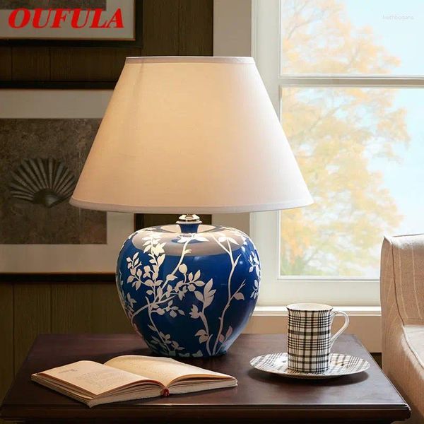 Lampes de table OUFULA Lampe en céramique bleue moderne Creative Vintage LED Lampe de bureau pour la maison décorative Salon Chambre Chevet