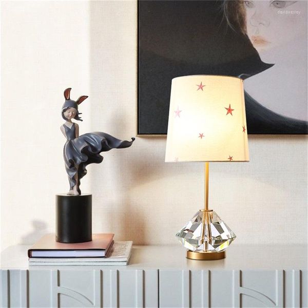 Lampes de table lampe en cristal postmoderne E27 tissu abat-jour chambre chevet cuivre Base luxe salon lumière décorative D