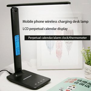 Lampes de table QI charge sans fil LED lampe de bureau avec calendrier température réveil protection des yeux lampe de lecture