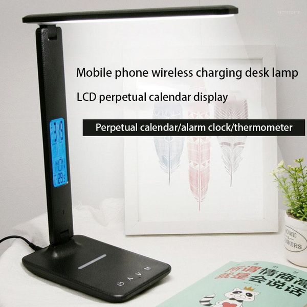 Lámparas de mesa QI, lámpara de escritorio LED de carga inalámbrica con calendario, alarma de temperatura, reloj, protección ocular, luz de lectura