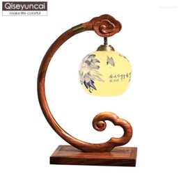 Tafellampen Qiseyuncai 2023 Chinese redwood lamp Vintage Rosewood Solid Wood Woonkamer Studie Keramiek