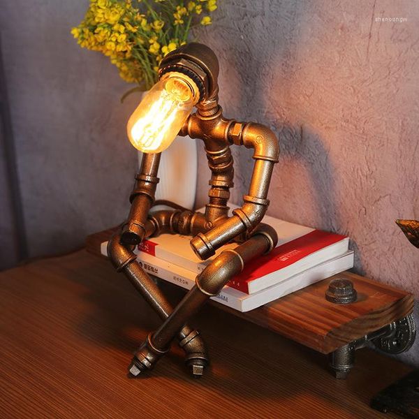 Lampes de table Rétro Robot Industriel Bronze Steampunk Lampe Cool Mignon Pipe À Eau Lumières Bureau Avec Ampoule