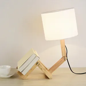 Lámparas de mesa Robot forma de madera AC110-240V E14 Bulbo LED Estudio de tela blanca Lámpara de lectura Lámpara de dormitorio Noche luz