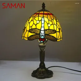 Lampes de table Saman Tiffany en verre lampe LED Creative Design Dragonfly Pattern Desk Decor Light For Home Living Room Bedroom