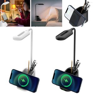 Lampes de table Lampe solaire à LED Bureau à intensité variable avec chargeur sans fil et porte-stylo Lampe à col de cygne flexible 3 couleurs tactiles