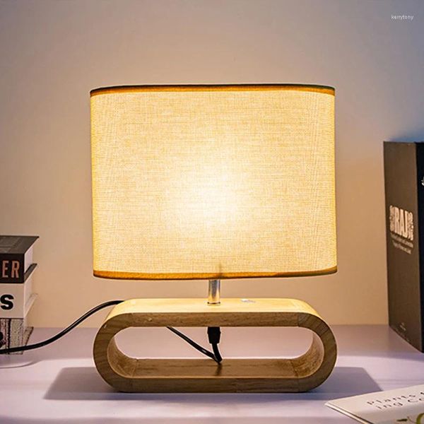 Lámparas de mesa de madera maciza Lámpara de noche de dormitorio Moderno Decoración del hogar con Hesse Linen Lamp Smechade Au/Eu/UK/US Enchip AC85-265V