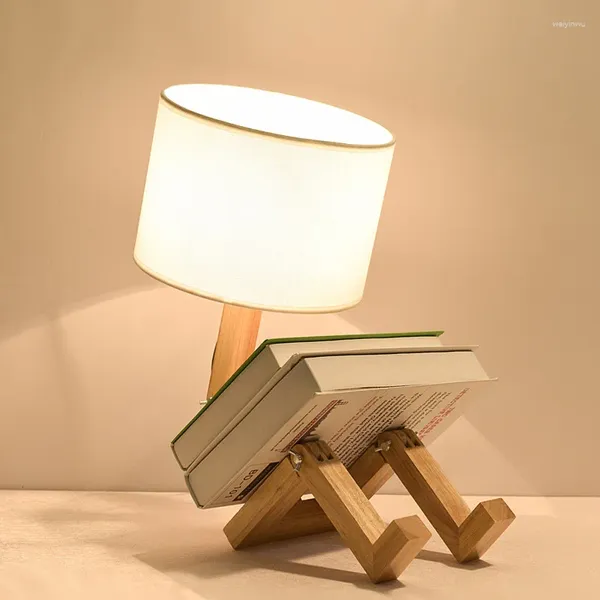 Lampes de table Robot en bois massif lampe créative cadeau support en bois tissu abat-jour chambre chevet bureau décor à la maison LED E27