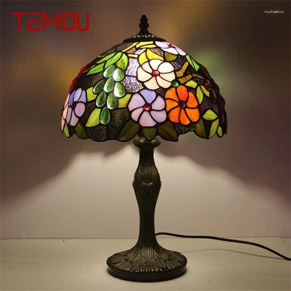 Lampes de table TEMOU Tiffany Lampe LED Vintage Couleur Verre Mode Fleurs Motif Bureau Lumière Décor Pour La Maison Salon Chambre Chevet