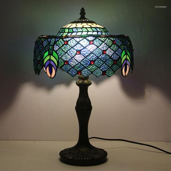 Lampes de table Tiffany rétro vitrail plume de paon lampe de bureau salon chambre à manger Bar café Protection des yeux LED E27