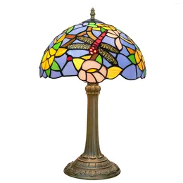 Lampes de table Tiffany Style Lampe vintage pastoral Blue Dragonfly Fleur Tache-verre pour Office Home Bar Bedroom Decor