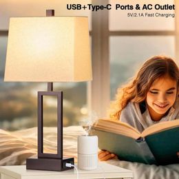 Table Lamps Touch Control Set Of 2 Modern Brown Bedside With USB A C Ports & AC Outlet 3 Way Dimmable