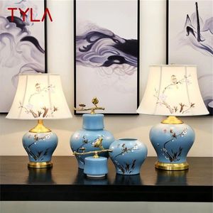 Lampes de table Tyla Céramique bleu Luxury Bird Brass Fabric Light Light Home Decorative for Living Room Dining chambre