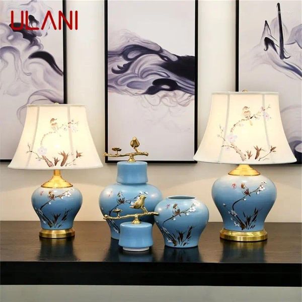 Lampes de table Ulani Céramic Bleu Luxury Bird Brass Tissu Fabric Light Home Decorative for Living Room Dining Chadow