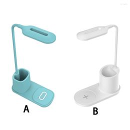 Tafellampen USB LED Oogbescherming Lamp Pennenhouder Telefoonstandaard Bureaulamp Draadloze oplader Aanraakschakelaar Slaapzaal Blauw