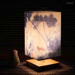 Lampes de table Vintage Style chinois lampe en bois rétro paysage peinture bureau Portable Led lecture luminaires chambre décoration C