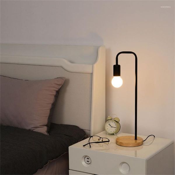 Lámparas de mesa Vintage luz de madera noche nórdica negro blanco E27 bombilla Loft lámpara de escritorio Metal hierro dormitorio sala de estar mesita de noche