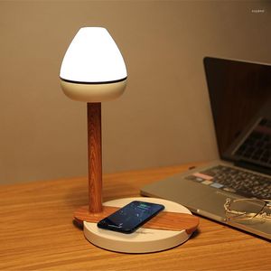 Lámparas de mesa Diseño de grano de madera Lámpara de escritorio LED Qi multifunción Almohadilla de carga inalámbrica para teléfono Luz de escritorio de inducción táctil para X8