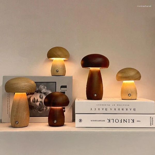 Lampes de table Champignons en bois Night Light Touch Interrupteur chambre à coucher lampe de chevet de noix Beech Bois chaud Dimmable Dimmable USB chargement