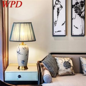 Lampes de table WPD Ceramic Blue Brass Luxury Dimmer LED Bureau Light Tissu pour la maison de salle à manger Bureau de chambre à manger