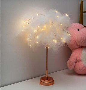 Lámpara LED de plumas para mesa, sala de estar romántica, dormitorio, escritorio, luz nocturna elegante, decoración para fiesta de boda, batería USB, doble uso, rosa y blanco